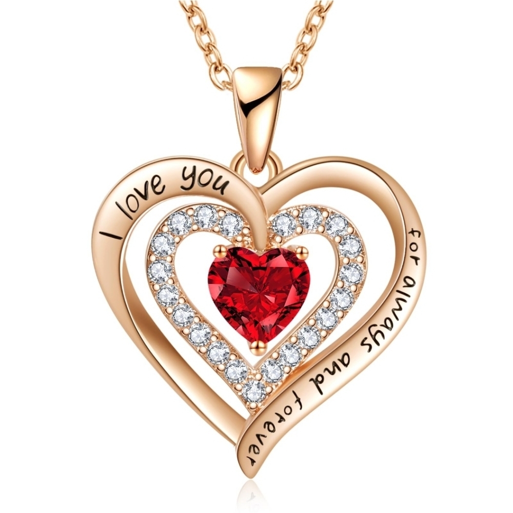 18kt Gold Plate Heart Pendant 18" + 2" Ext Necklace Red Gem accent CZs